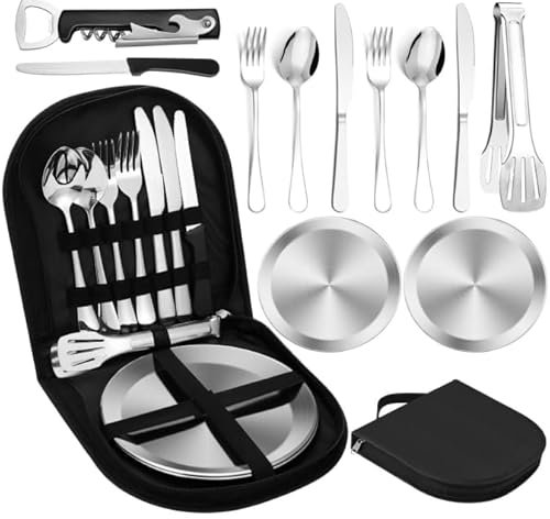 Yamitora Camping Geschirr Set 2 Personen 12-Teilig Portable Campinggeschirr Edelstahl Geschirr Sets Outdoor Picknick Geschirr für Camping, Grillen, Outdoor, Picknick, Reisen und Wandern