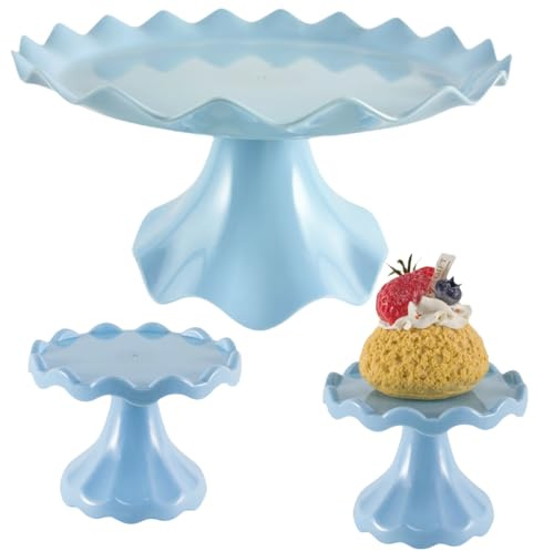 Juego de 3 piezas de soporte para tartas, soporte para tartas con encaje, soporte mini para magdalenas para fiesta, boda, cumpleaños, celebración, baby shower, aniversario (Azul Macarrón)