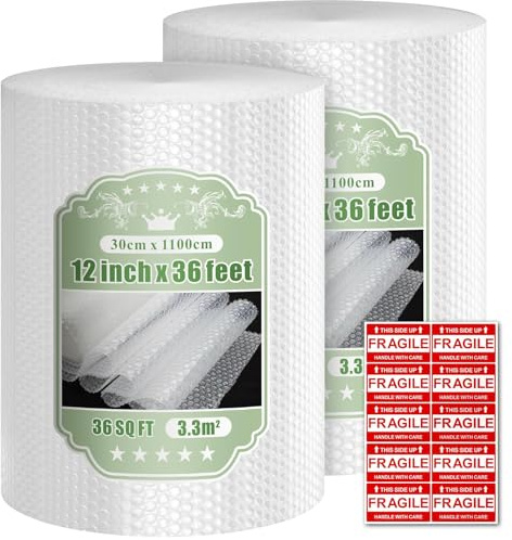 ROUND RICH 2 Packs Bubble Roll Made in USA - Bubble Packing Wrap for Moving and Shipping Standard Size 12 Inch x 36 Feet with 3/16'' Cushioning and Supplies Perforated Every 12''
