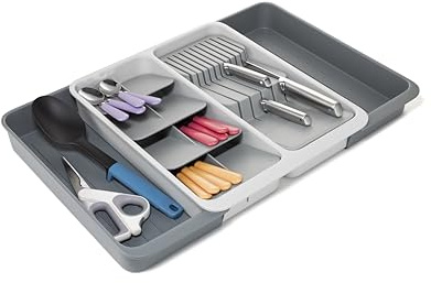 Joseph Joseph DrawerStore Expanding Tiered Cutlery Tray with Knife Organiser, Expandable in Drawer Space Saving Kitchen Storage, Recycled Plastic