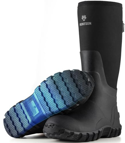HUNTSEN Rubber Work Boots for Men - Waterproof Anti-Slip Rain Boots with Steel Shank 2 Pairs of Insoles - 6mm Neoprene Insulated Durable Outdoor Hunting Boots for Farming Gardening Fishing, Size 9