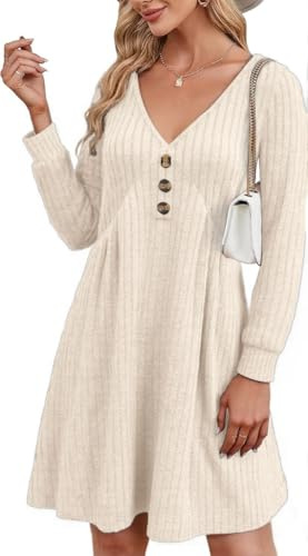 ABYOVRT Robe Hiver Femme Manches Longues Robe Pull A-Line à Col V Couleur Unie Chaud Casual Robe Chic et Elegant Automne Hiver,Abricot,L