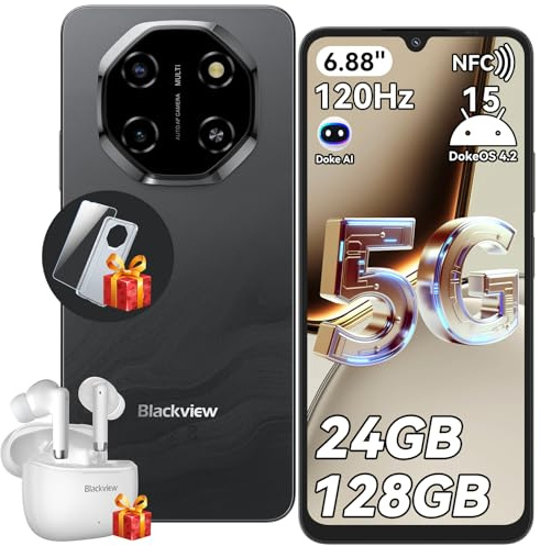 Blackview SHARK 6 Smart Phone, 5G Sim-Free & Unlocked Mobile Phones, 6.88 120Hz Display, 24GB+128GB/2TB, Android 15 Phone 16MP+8MP AI Camera, 5000mAh/18W, Fingerprint/Eye Comfort Mode, GPS/OTG/NFC