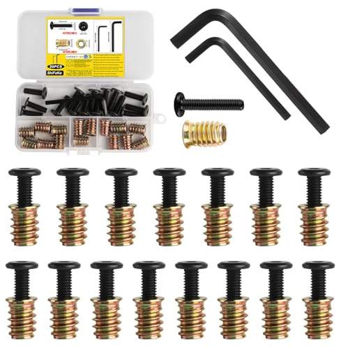 30 Pcs Insert Fileté Metal: 15 Insert Fileté Bois M6 x 15 mm et 15 Vis de Connexion pour Meubles M6 x 20 mm, Manchons à Visser Écrous à Visser pour Meubles en Bois, avec 2 Clés