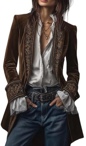 Blazer Donna Giacca Lunga da Donna in Velluto Ricamato Stile Boho con Revers A Lancia Blazer Aperto sul Davanti Giacche da Abito Cardigan con Ricami Floreali Vintage Gotici Cappotto Rinascimentale I