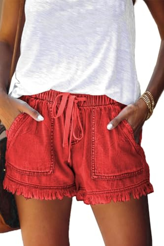 HVEPUO Short d'été large en coton et lin pour femme avec bande élastique, f-rouge, M
