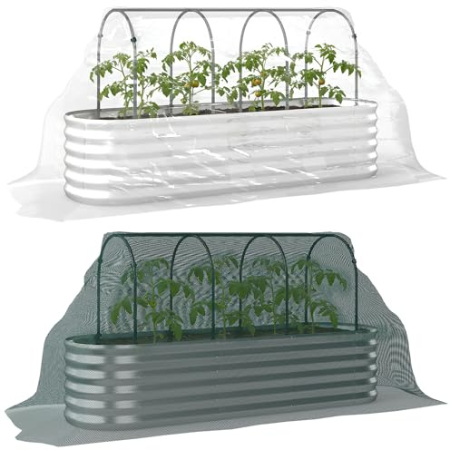 Outsunny Jardinera Exterior Grande con Cubierta de Invernadero y Malla, Huerto Urbano de Acero Galvanizado con Fondo Abierto, Resistente a la Intemperie, para Patio, Terraza, 200x60x103 cm, Plateado