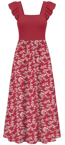 AUSELILY Women's Summer Sleeveless Maxi Dress Red Ditsy Floral L