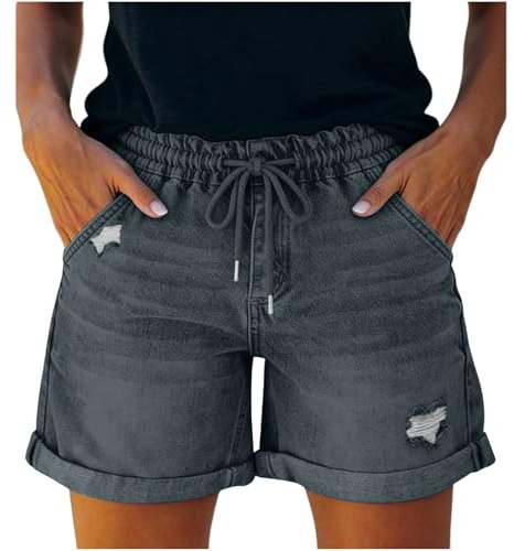 NUSGEAR 2026 Shorts Mujer con Cordón Elásticos Vaqueros Pantalones Cortos Mujer Jeans de Color Liso Shorts Holgados Deportivos Pantalones Cortos Casual