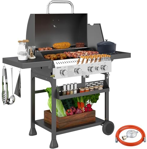 Outsunny Gasgrill 12 KW 4+1 Brenner BBQ Grillwagen aus Edelstahl mit Seitenbrenner, Thermometer, Grillrost, Kochfeld, Flaschenöffner und Seitenablagen Gasgrill für Camping Balkon 135 x 55 x 103cm