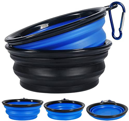 Vivifying 500ml Faltbarer Hundenapf, 2Pcs Hundenapf Faltbar aus Silikon für Hunde und Katzen Fütterung, Faltbare Schüssel für Reise & Transport für Hunde (Schwarz+Blau)