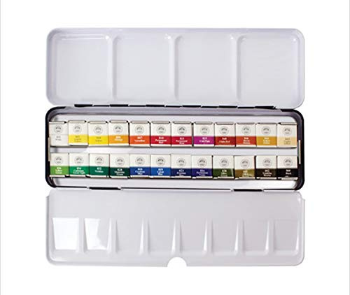MUNGYO Professional Half Pan Size Water Colors Set in Tin Case/Integral Mixing Palette in The lid (24 Colors)