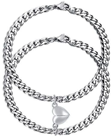 TempBeau 2pcs/Set Couple Bracelet, Relationship Matching Bracelet for Men Women, Stainless Steel Cuban/Figaro Chain BFF Promise Bracelet, Gifts for BF GF Him Her