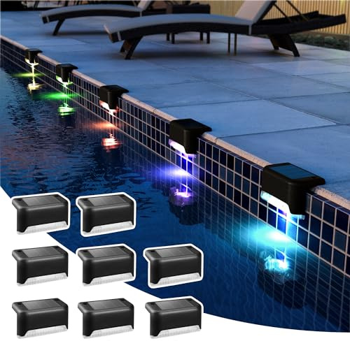 PATIOWIN Solar Pool Side Lights Outdoor 8 Pack, Light up Swimming Pool Accessories, Solar Deck Lights Waterproof Led for Stairs, Step, Fence, Yard, Patio, and Balcony(Color Changing)