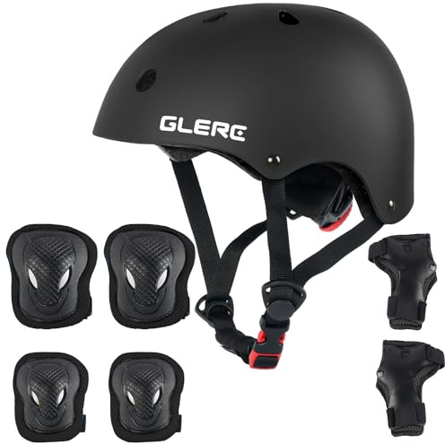 Glerc Kinder-Schutzset mit Helm und Knie-Ellbogen-Handgelenksschonern für 3 4 5 6 7 8 Jahre, verstellbar für Skateboard, Radfahren und Skaten, Größe M, Schwarz