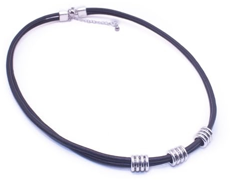 NILUXE DESIGN -Colgante Cuero Hombre y Mujer Plata con Tubos de Zamak Acabado Antiguo - Collar Cuero Genuino Negro Chapado en Plata con Cierre de Acero Inoxidable - Estilo Bohemio - Ideal para Regalar
