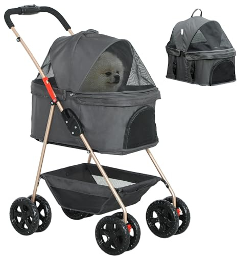 PawHut 3 in 1 Passeggino per Cani di Taglia Mini, Carrello Passeggino Pieghevole con Borsa Trasportino e Cestino Inferiore, Carrozzina per Cani Piccoli e Gatti con Guinzaglio e Portabicchieri, Grigio