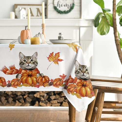 Artoid Mode Tovaglia autunnale con motivo gatto, foglie d'acero, sciarpa, zucche, 140 x 200 cm, protezione stagionale contro le macchie, biancheria da tavola, cucina, decorazione per feste