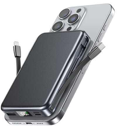 For Magsafe Power Bank, Portable Charger 10000mAh, PD 20W Fast Charging Battery Pack w/Built-in Cables, USB-C Wireless Magnetic Powerbank for iPhone 16/15/14/13/12/Pro/Pro Max - Pure Black