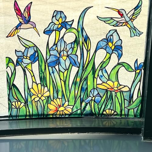 ChicSkin Original Hand Drawn Stained Glass Window Stickers, Non-adhesive Static Cling Window Clings, Double Sided Decor for Glass Windows, Iris and Bird