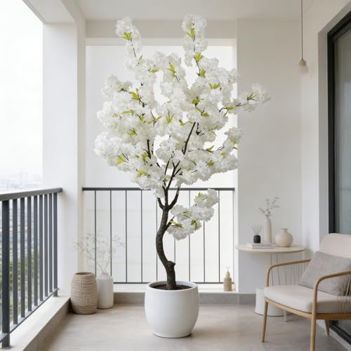 BINCUE Artificial White Cherry Blossom Tree Fake Tree Cherry Blossom Decor Fake Flowers Faux Flowering Tree White Flowers Floral for Indoor Outdoor Room Home Decor Spring Gift 6FT