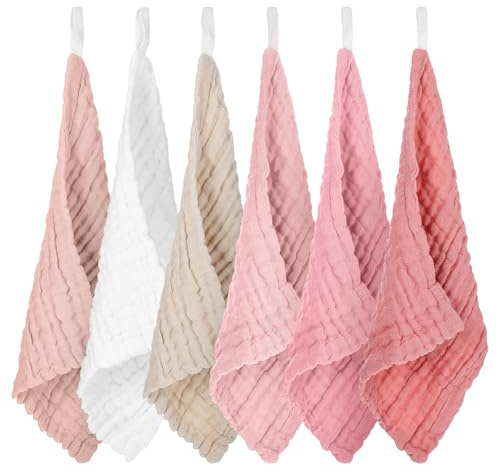 Ptwola Lot de 6 gants de toilette en mousseline de coton doux réutilisables et absorbants pour le nettoyage et le bain des femmes (24 x 20 cm)