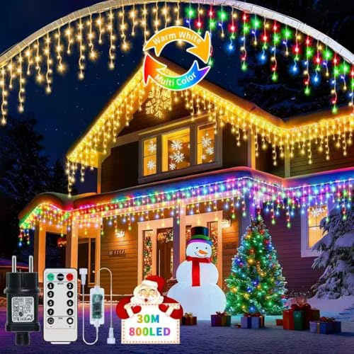 RJEDL 25+5M 800 LED Rinnovabili Luci di Natale da Esterno 3 in 1 Luci Natalizie da Esterno Cascata con 8 Modalità,Timer,Funzione Memoria Tenda Luminosa Esterno per Decorazioni Natalizie da Balcone