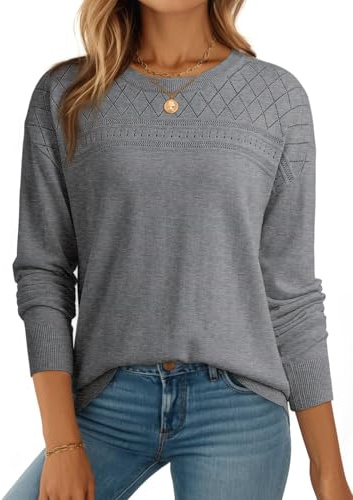 Dokotoo Sweaters for Women Trendy Crewneck Long Sleeve Wool Sweaters Hollow Out Business Casual Pullover Sweaters 2025 Fall Lightweight Crochet Winter Women's Clothing Tops Medium Grey