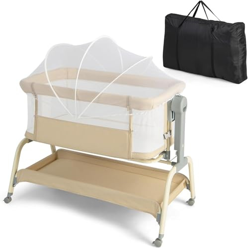 GOPLUS Cuna de Viaje para Bebé, Portátil con 6 Alturas Ajustables, Ruedas, Colchón y Mosquitera, Cama Colecho con Cesta de Almacenaje y Bolsa de Transporte, para Bebés 0-6 Meses (Beige)