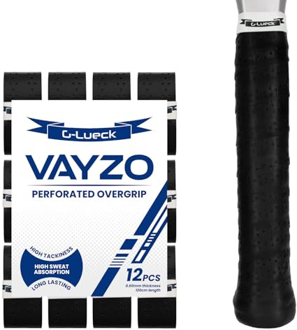 Vayzo Overgrip per padel e racchette da tennis perforate, fascia antiscivolo e assorbe il sudore, per badminton, squash e pickleball, set da 3 e 12 in diversi colori (nero, set da 12)