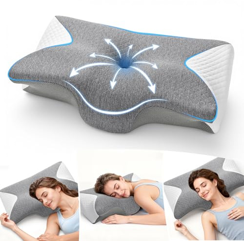 A-Pce Almohada Cervicales y Cuello, Almohada Ergonómica de Espuma Viscoelástica, para Aliviar Dolores de Cuello, Hombro y Espalda, Ideal para Dormir de Lado, Boca Arriba y Boca Abajo, Gris-Blanco