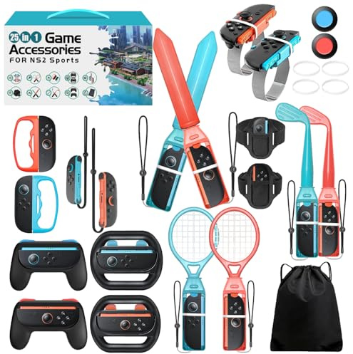 Switch 2 Sports Accessories, Wodbymat 25 in 1 Sports Bundle for Nintendo Switch 2 with 2 Tennis accessories 2 Handle 2 Steering Wheels 2 Bowling ball grip 2 Sword accessory Shared 2 grip 2 Golf 2 Binding tape 2 Wrist strap 2 Lanyard times 2 Lanyard 2 Rocker cap 1 Storage bag
