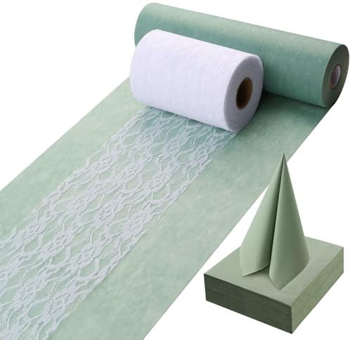 ddckj fleece bordslöpare eukalyptus grön 30 cm x 35 m bordslöpare grön salvia vita dekorativa spetsband och servetter bordsdekoration set för dop kommunion konfirmation bröllop och födelsedag