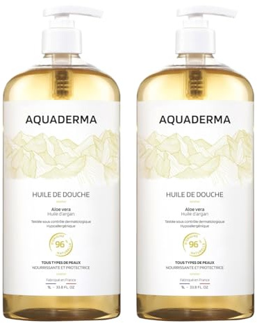 Aquaderma Huile de Douche Aloe Vera & Huile d’Argan Lot de 2x1L – 96% Origine Naturelle – Made in France – Nourrit & Protège – Tous Types de Peaux – Visage & Corps – Hypoallergénique