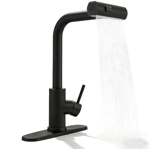 BAIFULAI Waterfall Rubinetto da cucina allungabile, nero, ad alta pressione con doccetta estraibile, 3 tipi di getto, girevole a 360°, rubinetto per lavello, cascata spazzolata in acciaio inox