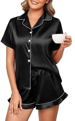 Niwicee Pyjamas for Women Silk Satin Pyjama Short Sleeve Bride Pjs Set Two Piece Pj Sets Button Down Loungewear Sleepwear Ladies Nightwear (Black, L)
