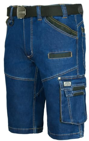 ART.MAS COLEMANN Short de travail en jean pour homme – Short de travail court jusqu'au genou, 12 poches, stretch 265 g/m², robuste short pour artisans pour le travail et les loisirs, bleu, XL