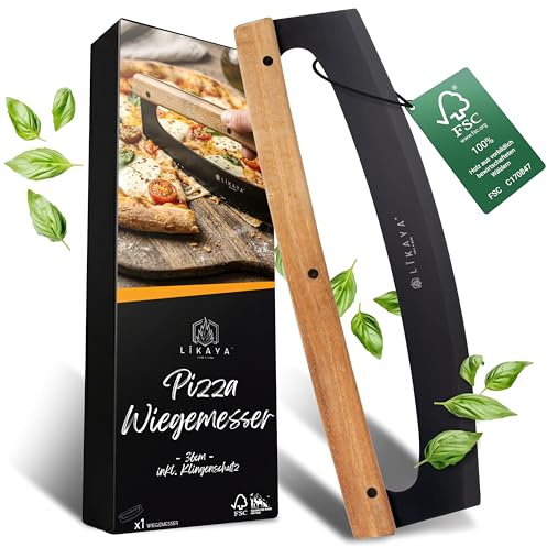 LIKAYA Pizzaschneider Wiegemesser 36cm schwarz – großer Pizza Schneider mit Edelstahl-Klinge, Akazienholzgriff & Klingenschutz – Pizzamesser für Pizza, Flammkuchen & Kräuter – perfektes Profi Zubehör