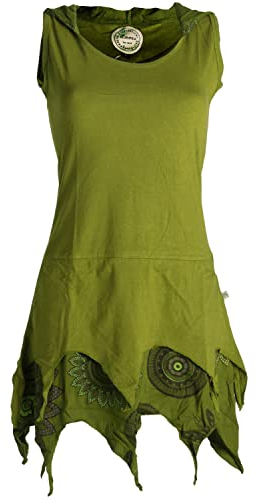 Vishes - Alternative Bekleidung - Zipfelige Elfentunika - im Lagenlook mit Blumen Bedruckt Olivegrün 40