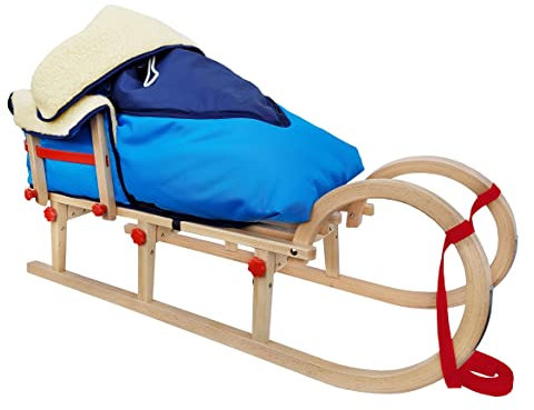 Hörnerschlitten Rodelschlitten Holzschlitten Zubehör wählbar V-21-110mit Lehne und Fußsack blau