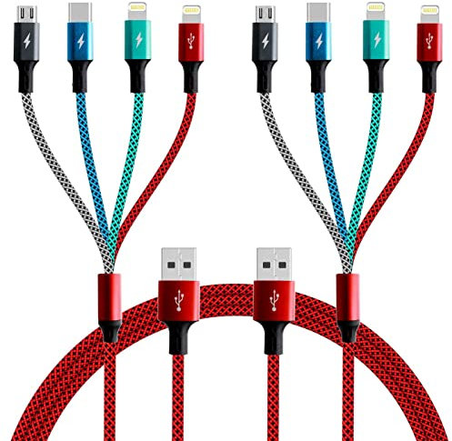 Multi Charging Cable 4A, Multi Charger Cable Nylon Braided 4 in 1 Charging Cord USB Cable Fast Charging Cord with IP/Type C/Micro USB Port for Cell Phones,iPhone,Samsung,Tablets,PS & More (2Pack 6Ft)