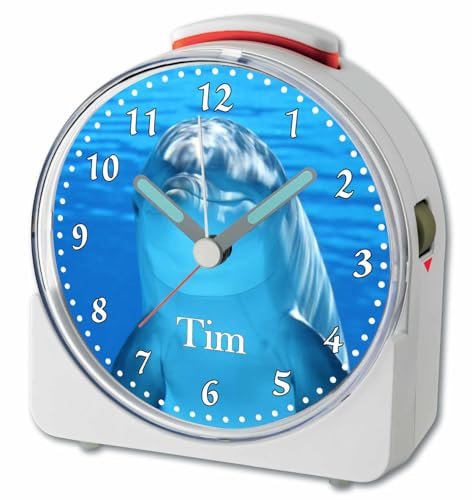 CreaDesign, WU-71-1128, Delfin, analog Kinderwecker weiß, Funkwecker mit Sweep-Uhrwerk und fluoreszierenden Zeiger und Licht, personlisiert mit Namen, 10,2 x 4,6 x 11 cm