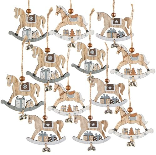 Logbuch-Verlag 12 Schaukelpferd Weihnachtsbaumanhänger grau braun Weihnachtsdekoration Baumschmuck Nostalgie Deko 8 cm