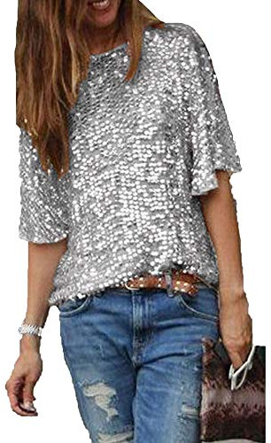 CHOSERL Paljettopp för kvinnor, glittrig sommartröja, kortärmad, gnistrande blus/t-shirt, SILVER, XL