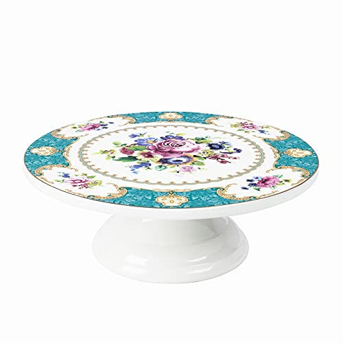 fanquare 10 Zoll Blumen Porzellan Kuchenständer, Blaue Runde Kuchenplatte mit Goldrand, Dessert Dekorieren Vereisungsspachtel Tortenständer