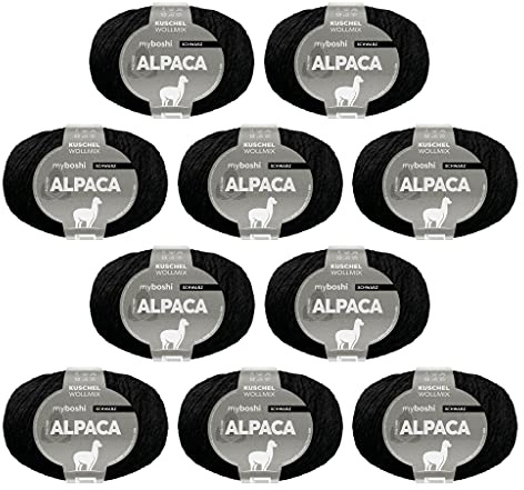 myboshi Alpaca-Wolle zum Häkeln/Stricken, temperaturregulierend, angenehm weich, für Damenoberbekleidung, Schwarz (Schwarz), 10 Knäuel