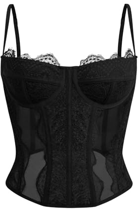 Dealmore Corset Tops For Women Going Out Lace Mesh Date Night Fall Fashion Outfits Clothes Crop Cute Party Strap Tank Black X-Small