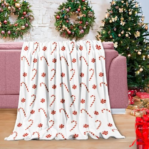 Christmas Candy Throws Blankets, Elegant Comfort Christmas Prints Flannel Blanket, Luxury Super Soft Holiday Theme Home Décor Warm and Cozy Throws for Winter Bedding Couch and Xmas Gift, 50x60 Inch