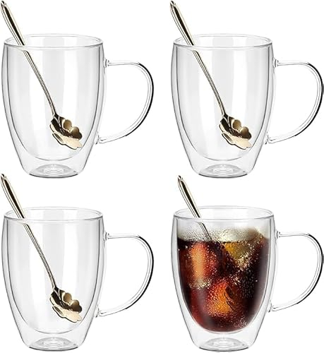 Recamania Set 4 vasos de doble cristal con asas 250 mL - Vaso térmico de doble capa perfecto mantener la temperatura de tus bebidas calientes y frías