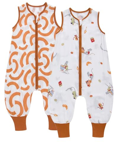 LAT Sacco Nanna con Piedi 0.5 tog, 2 Pezzi Sacco a Pelo Estivo in Mussola di Cotone, Sacco Nanna Estivo Per Bambine e Bambini, Sacco Nanna con Gambe da 3 Mesi a 4 Anni (Mouse + Arco, L/2-4 Anni)